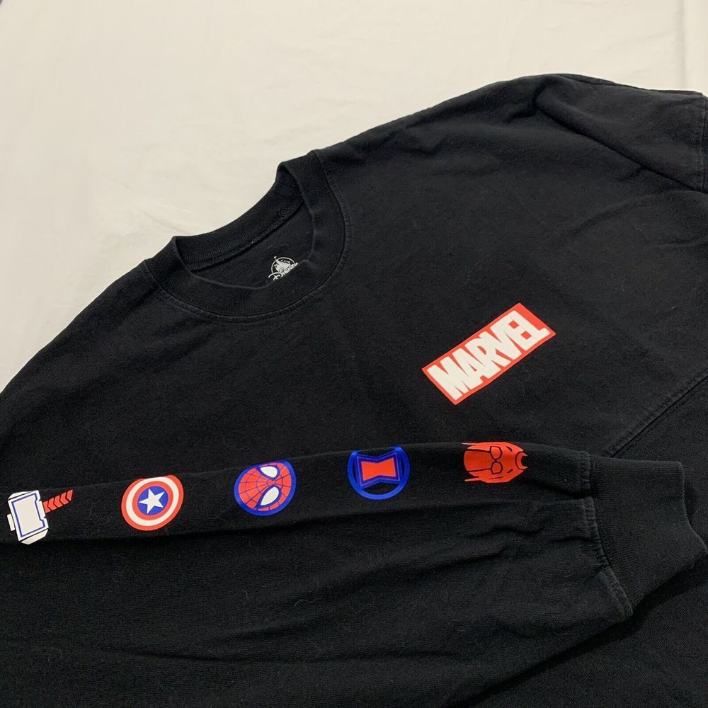 Spirit Black Marvel Logo Long Sleeve Shirt with Red and Blue Accents
